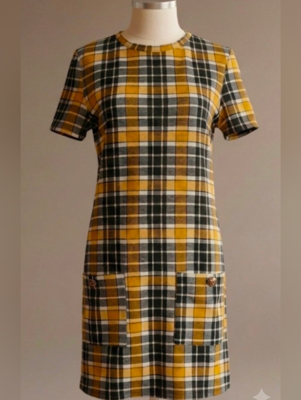 Zara Trafaluc Yellow Black Plaid Shift Dress Small Front Pockets Mod Mini